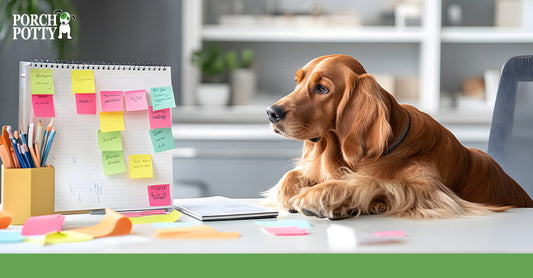 A dog lying on a desk next to a planner with colorful sticky notes and a pile of papers.