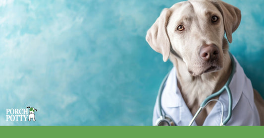 A Labrador Retriever wearing a doctor's coat and stethoscope, looking directly at the camera with a curious expression.