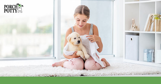 A young girl sits on the floor, gently drying a Golden Retriever puppy with a towel, creating a cosy and caring moment.